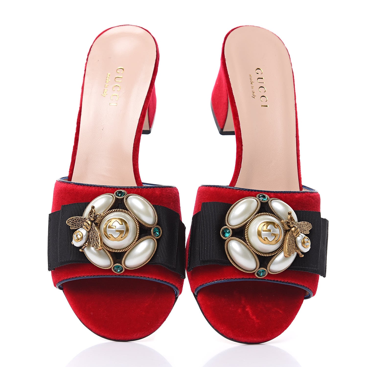 Gucci Velvet Etoile Pearl Embellished Mid Heel Slide Sandals 35 Black Hibiscus Red Blue Agata 3 of 9