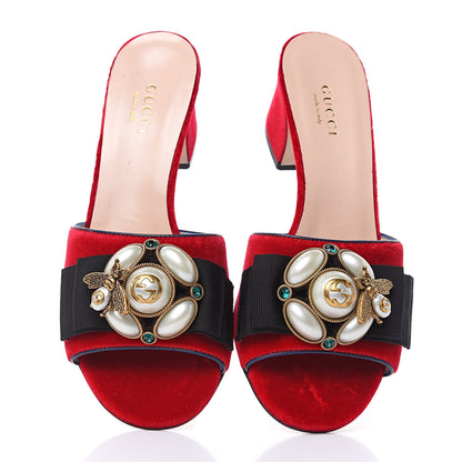 Gucci Velvet Etoile Pearl Embellished Mid Heel Slide Sandals 35 Black Hibiscus Red Blue Agata 3 of 9