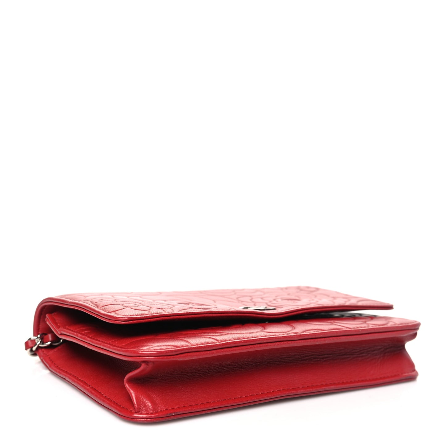 Lambskin Camellia Embossed Wallet on Chain WOC Red