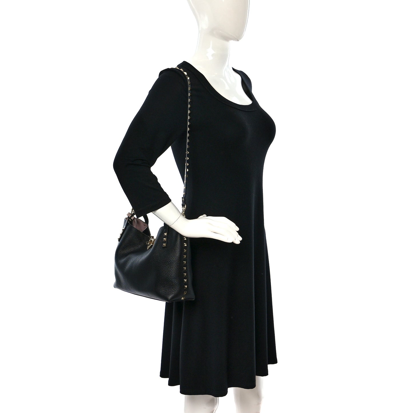 Grained Calfskin Small Rockstud Flip Lock Tote Black Rose Quartz
