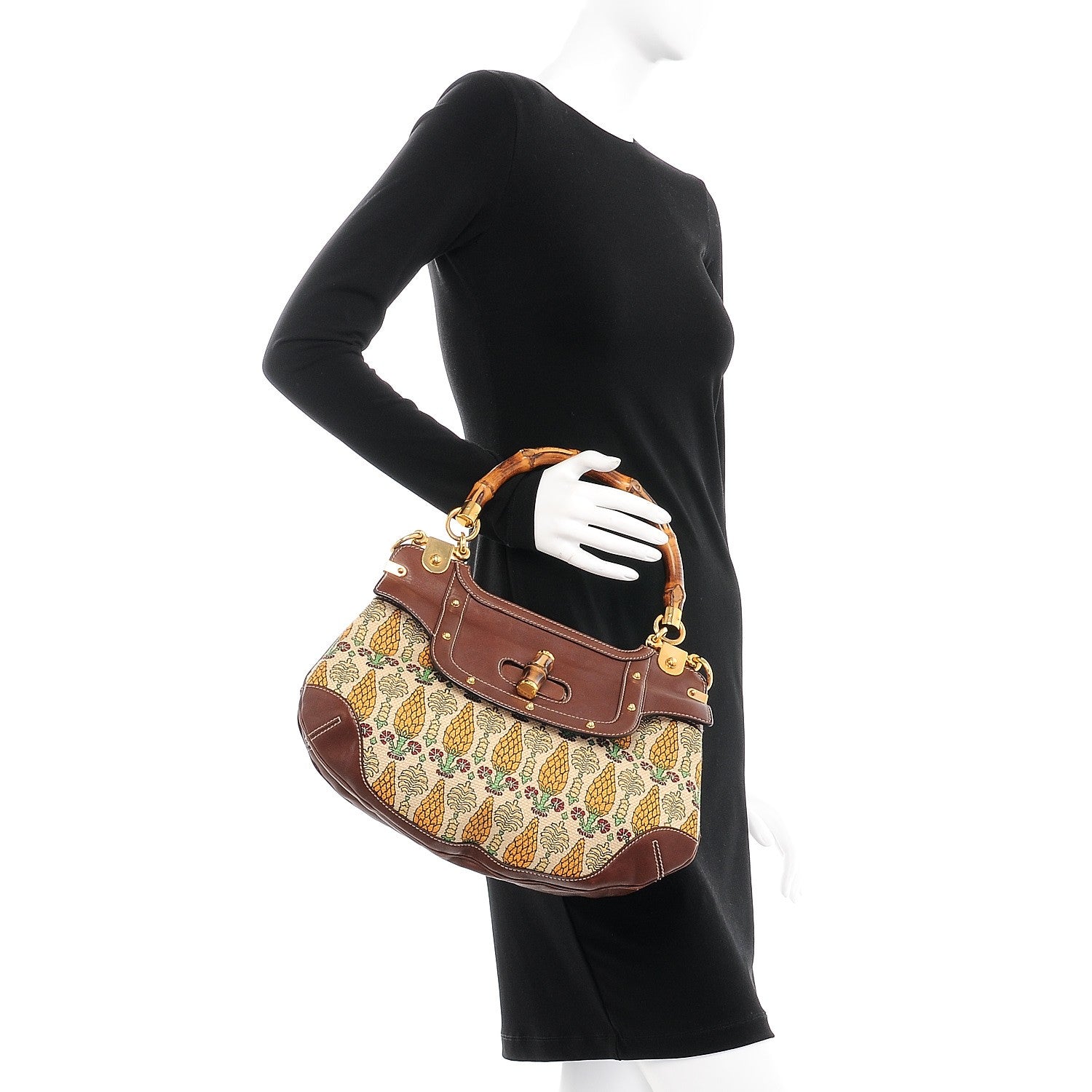 Gucci Canvas Pigna Print Peggy Bamboo Top Handle Bag Brown 3 of 11