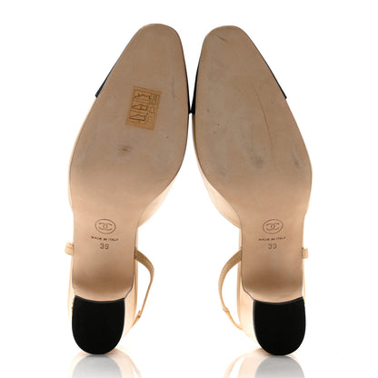 Chanel Goatskin Grosgrain Cap Toe CC Slingback Pumps 39 Beige Black 5 of 9