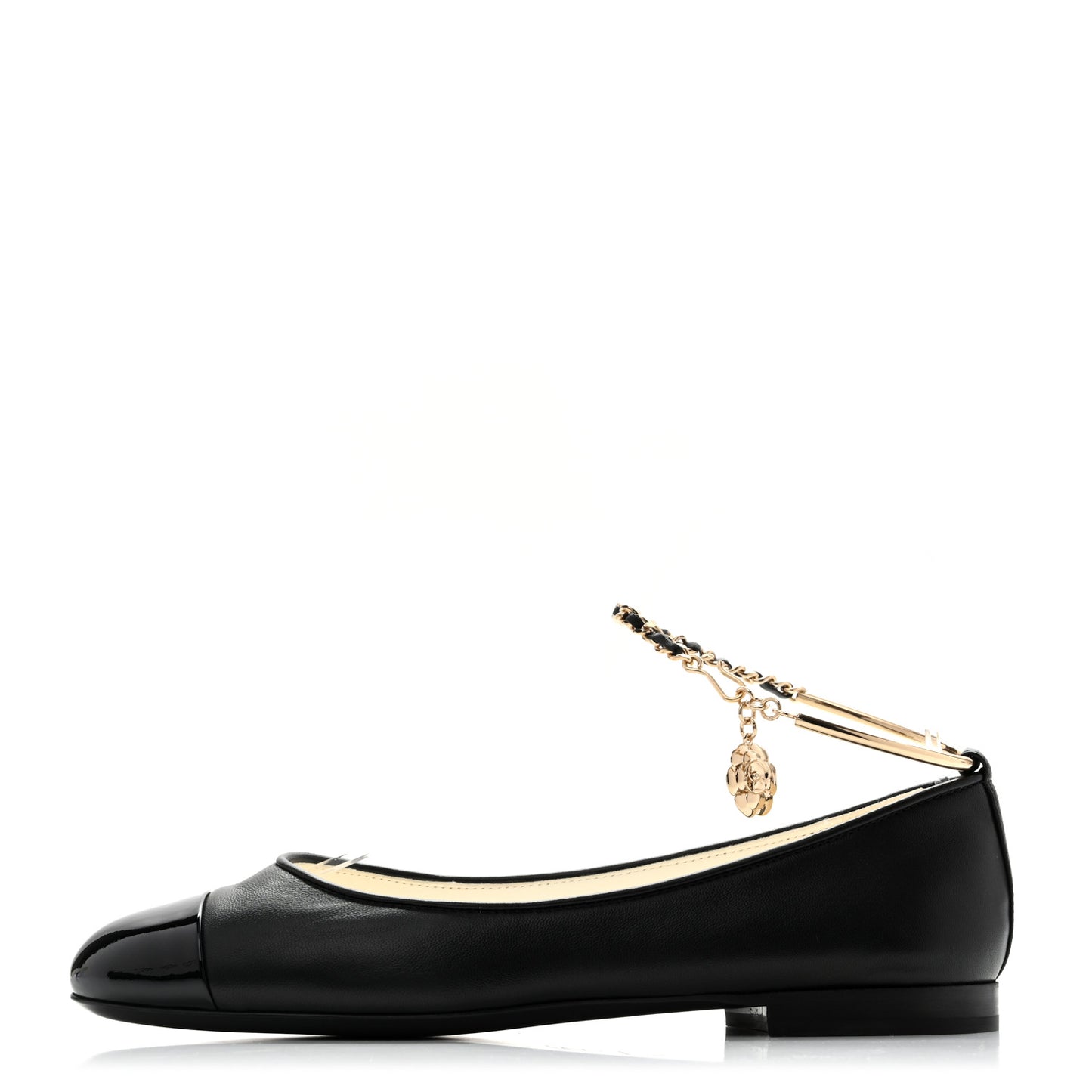 Lambskin Patent Calfskin Cap Toe Ankle Chain Ballerina Flats 36 Black