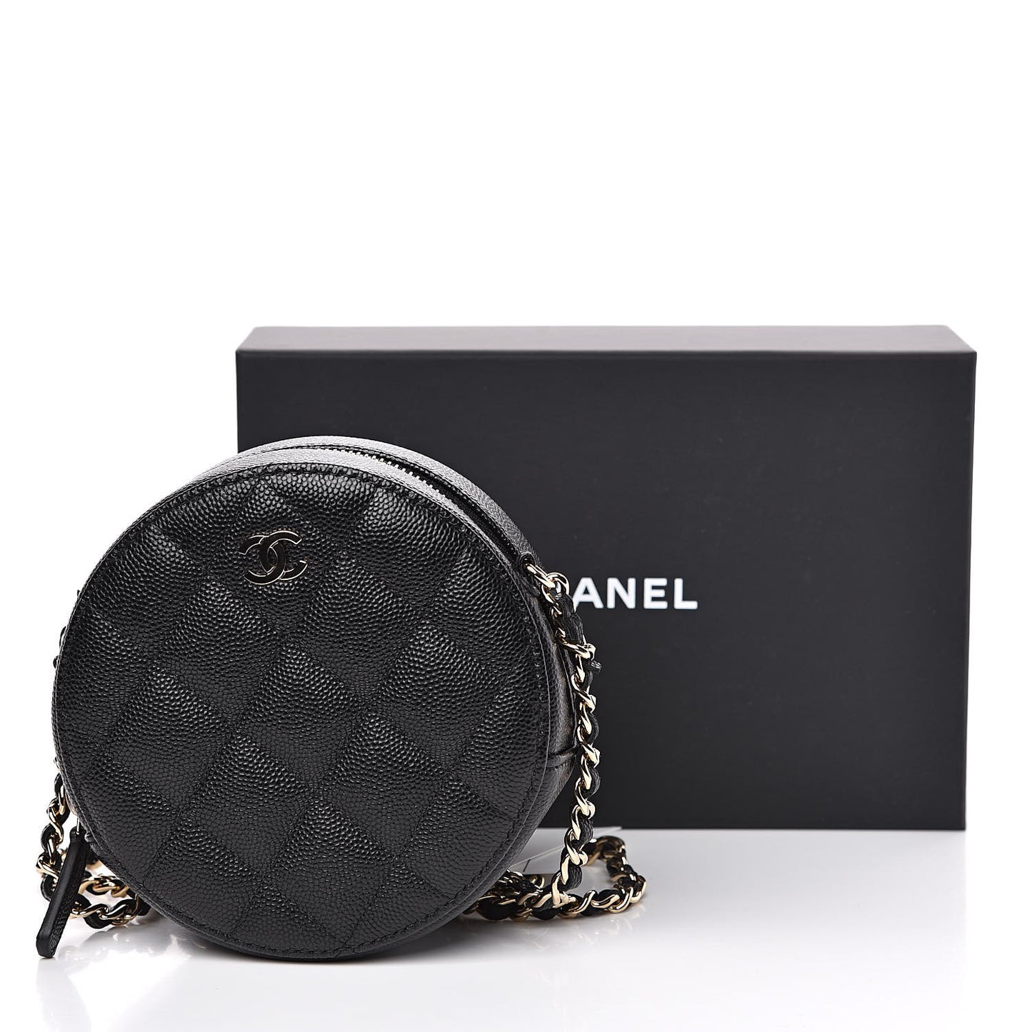 Caviar Quilted Round Clutch With Chain Black