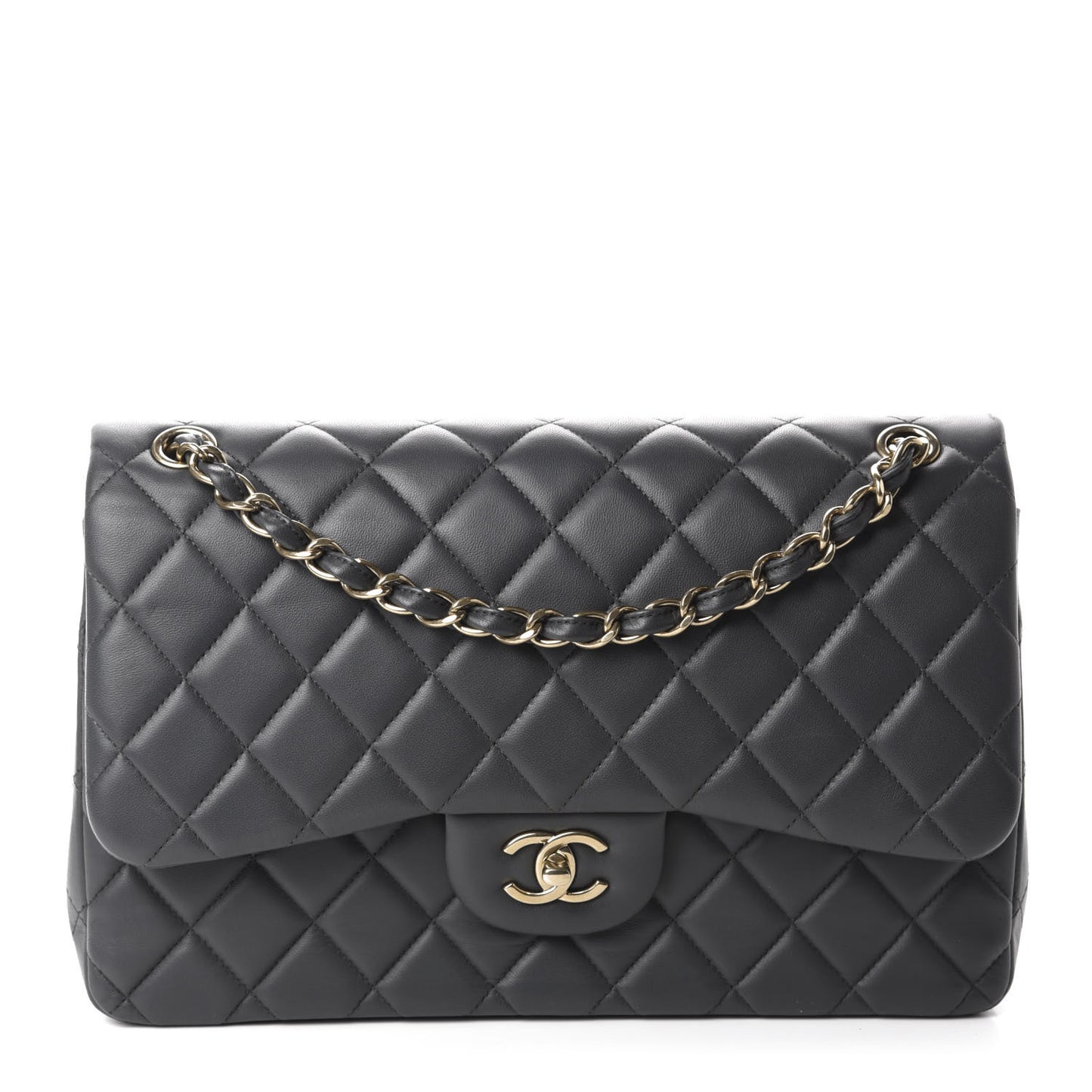 Lambskin Quilted Jumbo Double Flap Dark Grey