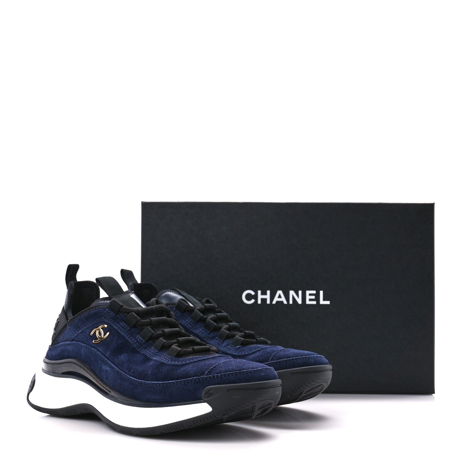 Chanel Suede Calfskin Nylon Grosgrain CC Sneakers 37.5 Navy Blue 10 of 10