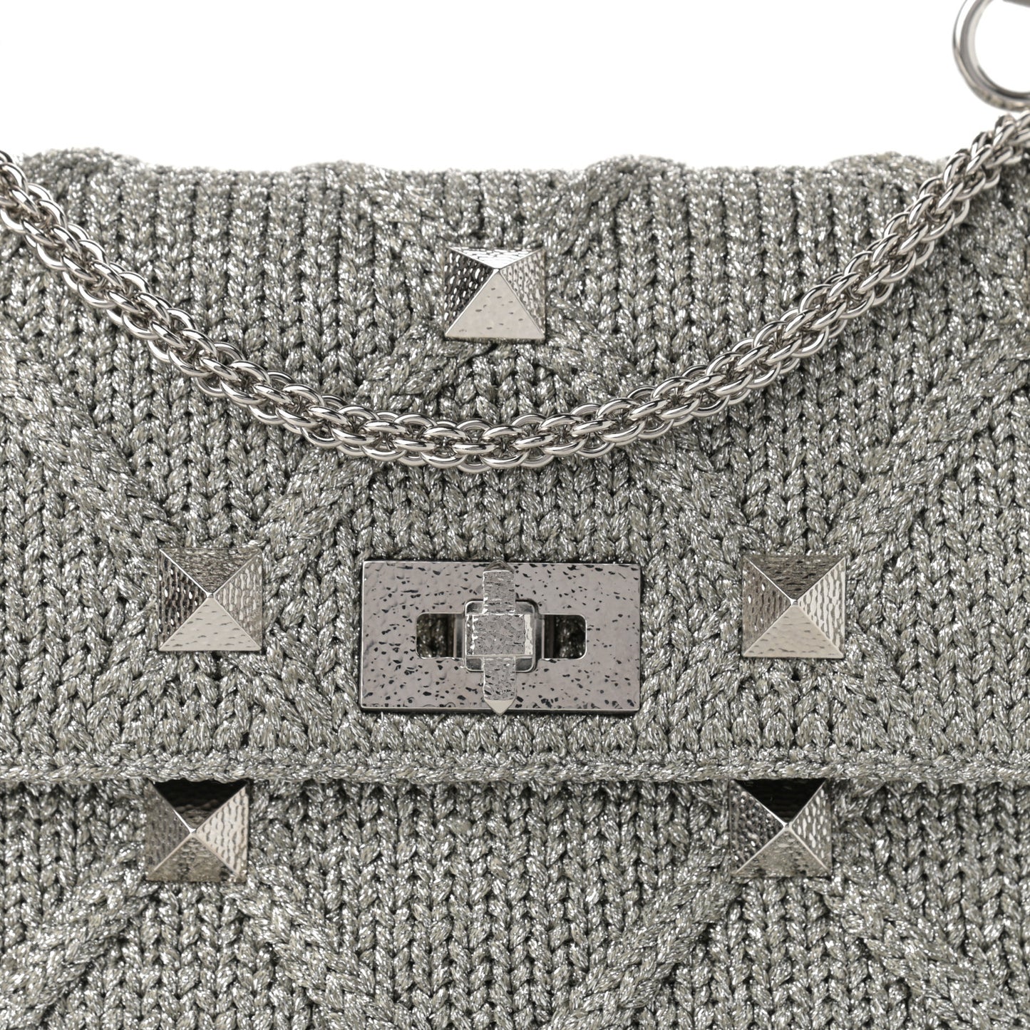 Metallic Lurex Knit Large Roman Stud Shoulder Bag Silver