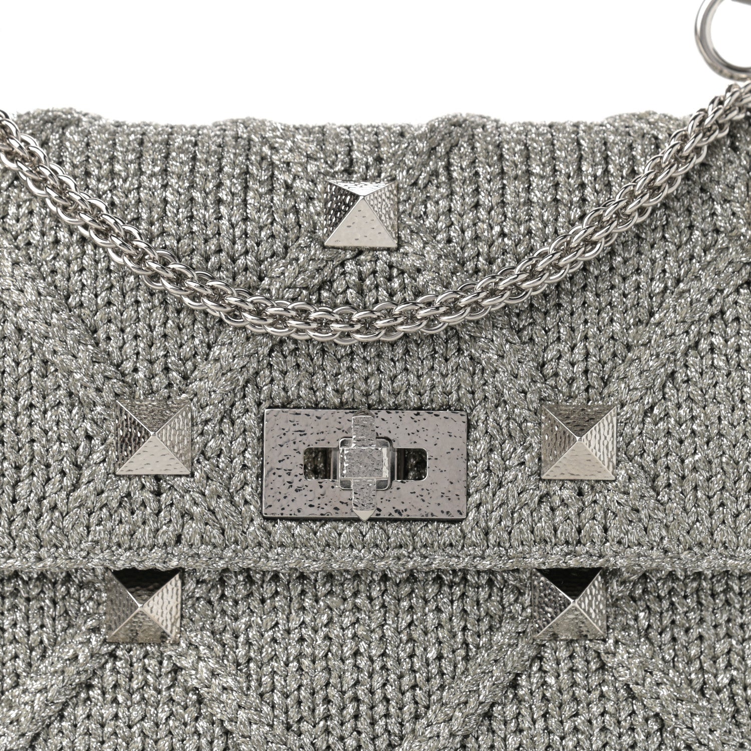 Valentino Garavani Metallic Lurex Knit Large Roman Stud Shoulder Bag Silver 7 of 12