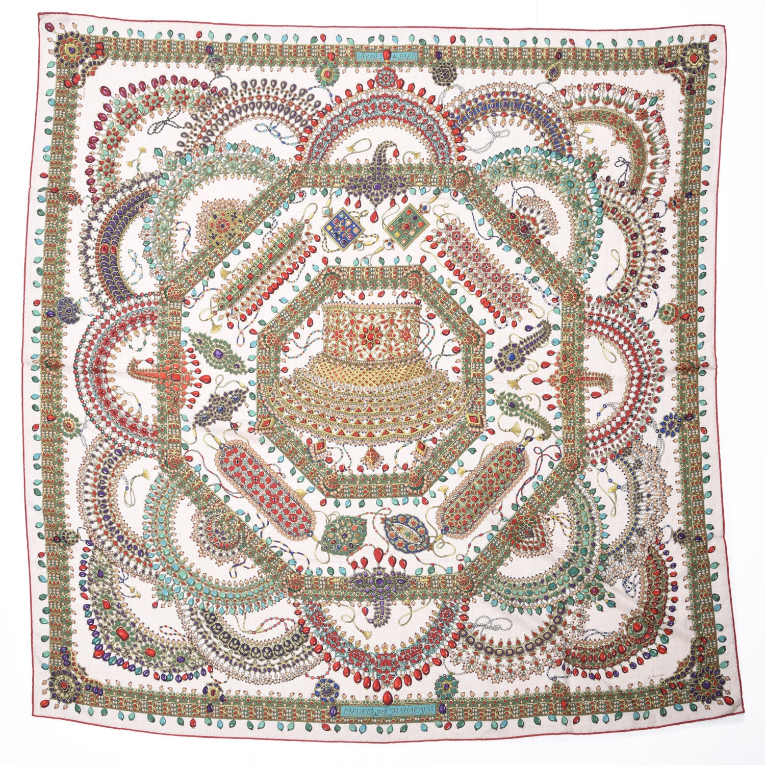 Hermes Cashmere Silk Parures Des Maharajas Shawl 140 Naturel Rouge H Vert 1 of 5