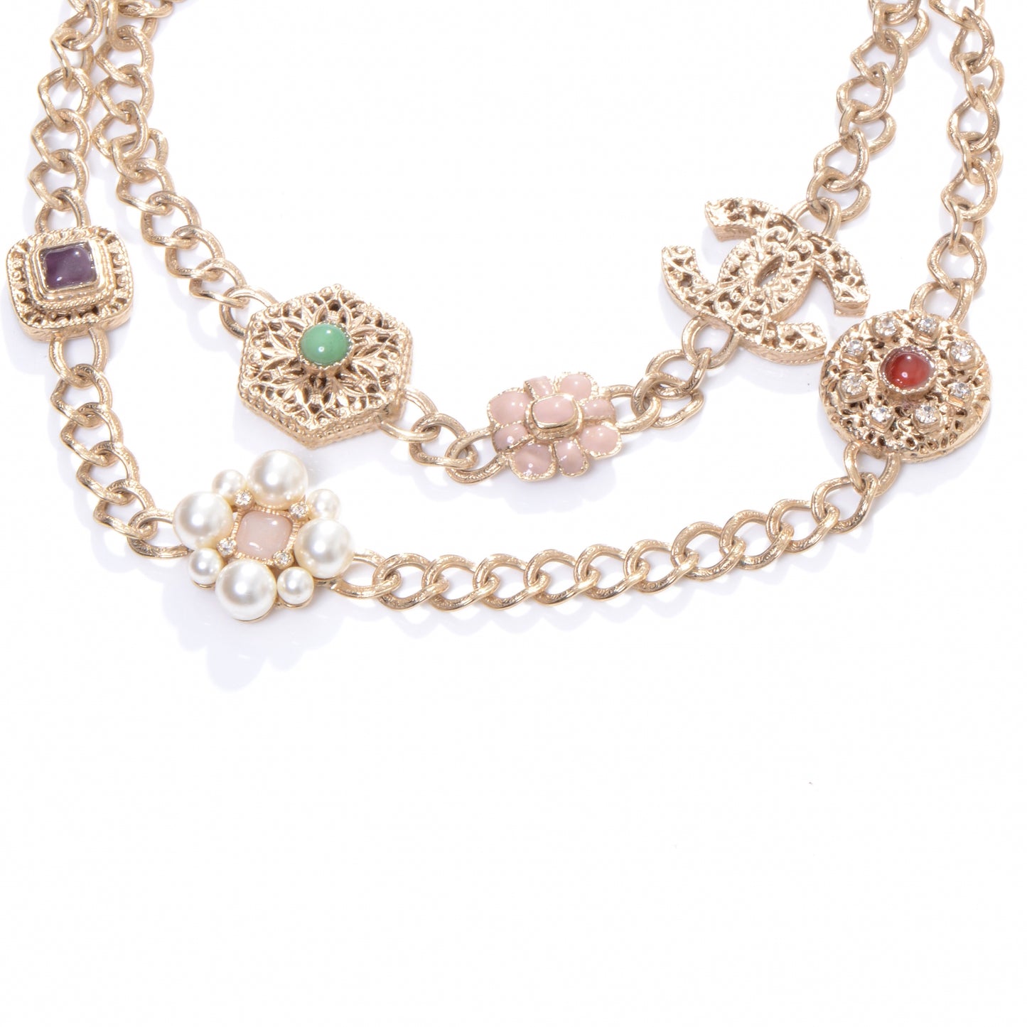 Crystal Gold Charm Pearl CC Chain Necklace
