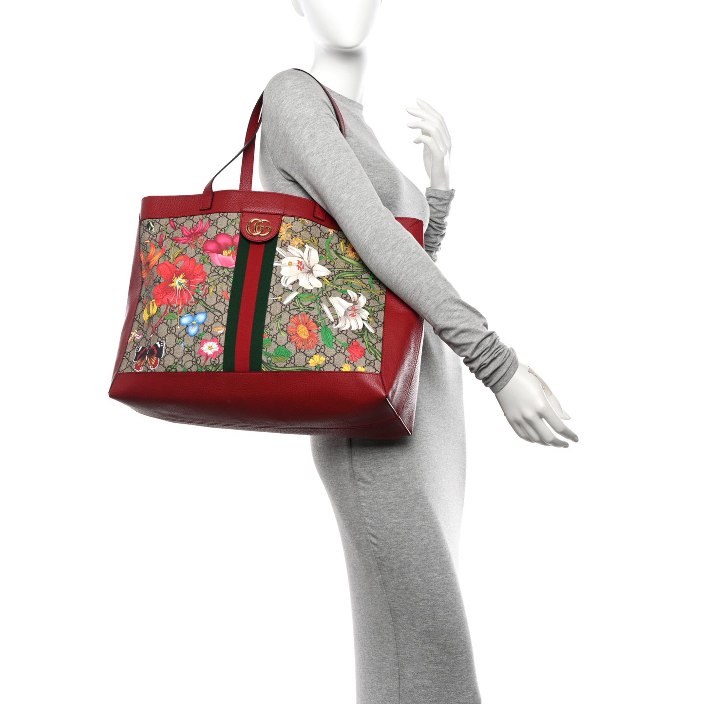 GG Supreme Monogram Flora Web Large Ophidia Tote Red