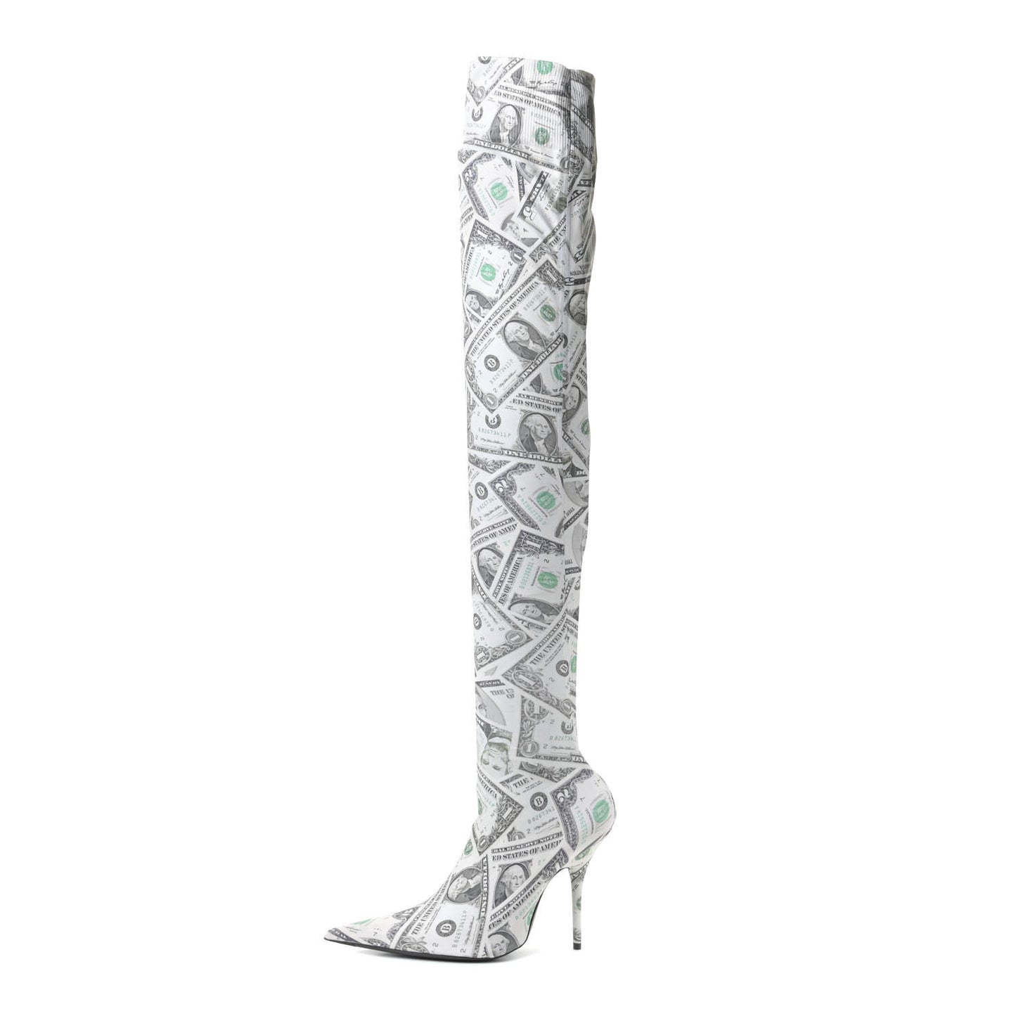Dollar Printed Spandex Toe Knife Thigh High Boots 38 Vert