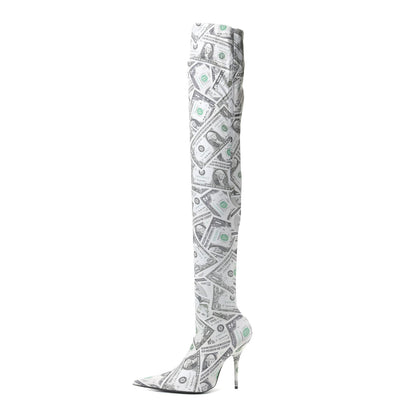 Balenciaga Dollar Printed Spandex Toe Knife Thigh High Boots 38 Vert 1 of 13