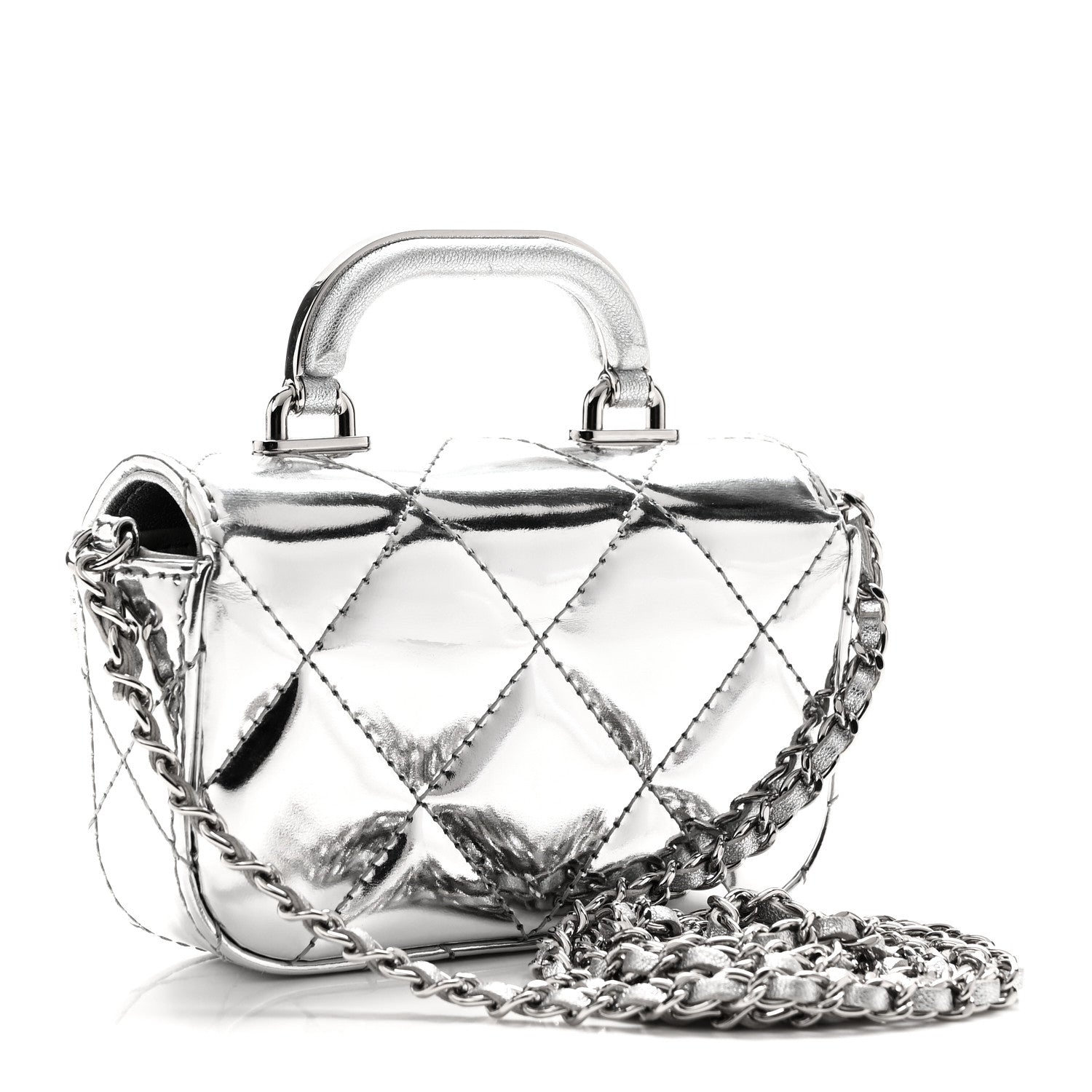 小物 CHANEL Chanel Mirror Calfskin Small Top Handle Clutch With Chain Silver