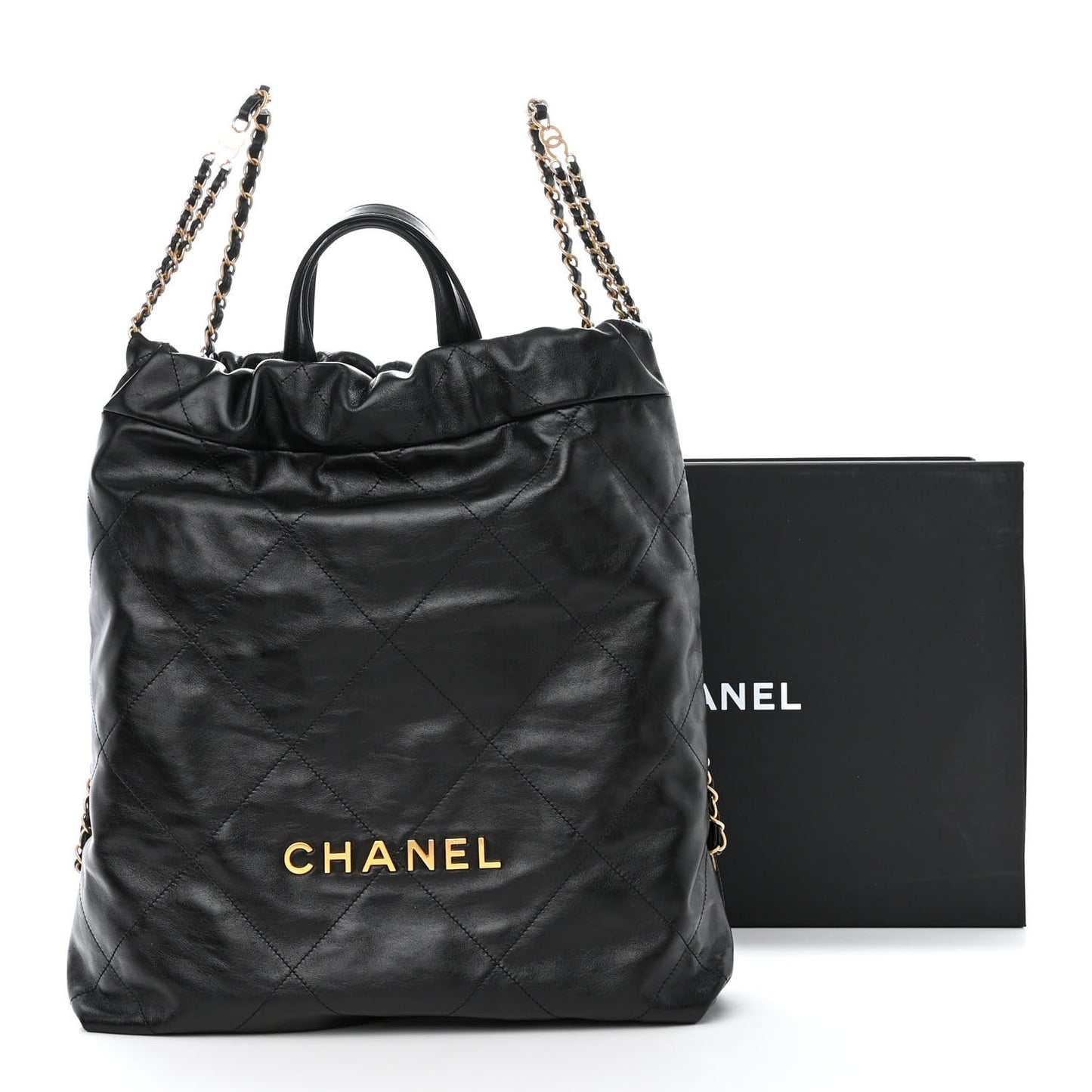 Shiny Calfskin Quilted Chanel 22 Backpack Black
