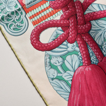 Hermes Silk Parures de Samourais Scarf 90 Creme Aqua Coral 6 of 7