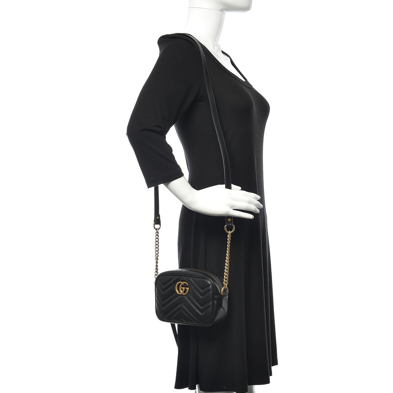 Gucci Calfskin Matelasse Mini GG Marmont Chain Shoulder Bag Black 2 of 11