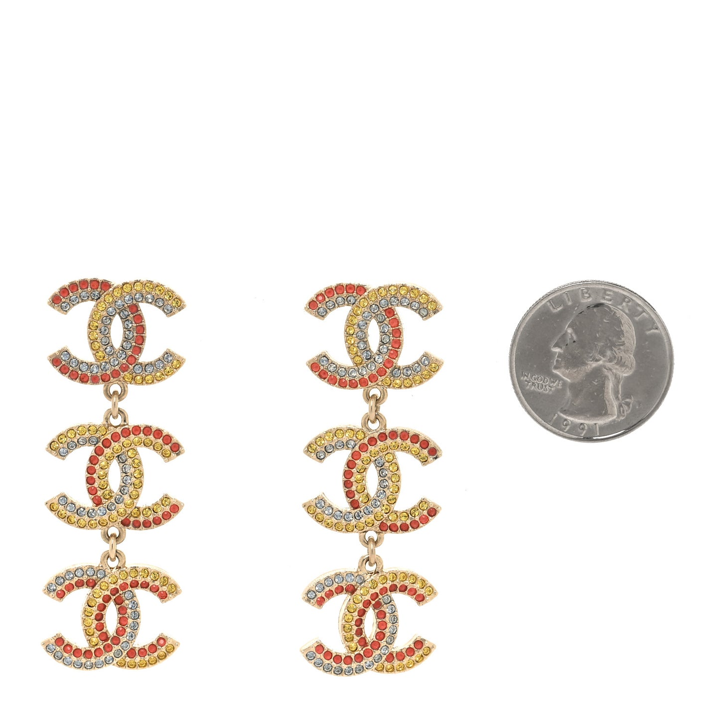 Metal Crystal CC Triple Drop Earrings Gold Multicolor