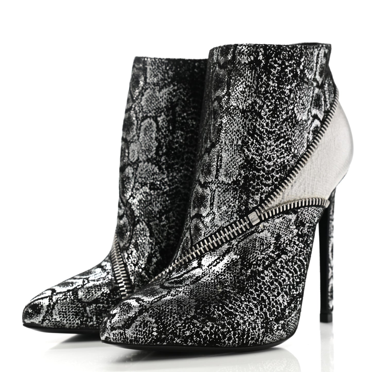 Metallic Snakeskin Embossed Calfskin Pointed Toe Ankle Boots 36.5 Black Silver