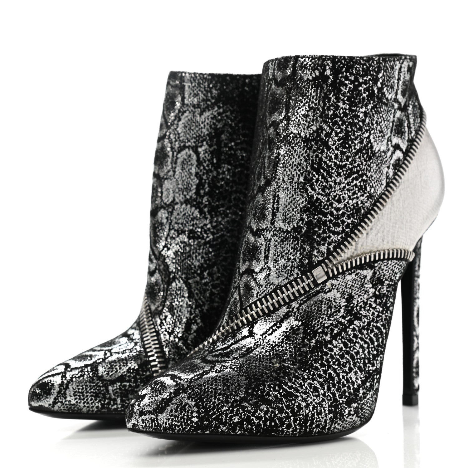 Saint Laurent Metallic Snakeskin Embossed Calfskin Pointed Toe Ankle Boots 36.5 Black Silver 3 of 9