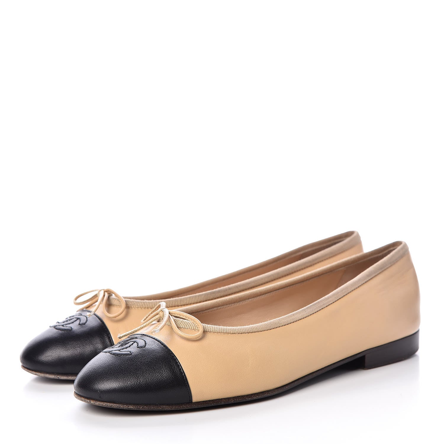 Chanel Lambskin Cap Toe Ballerina Flats 37 Beige Black 3 of 14