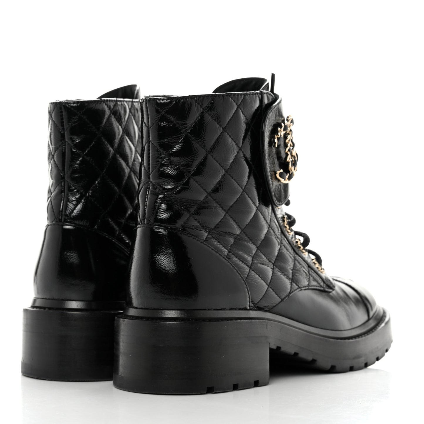 Shiny Calfskin Quilted Lace Up Combat Boots 37 Black