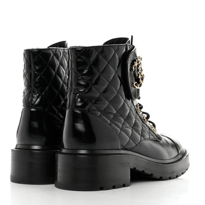 Chanel Shiny Calfskin Quilted Lace Up Combat Boots 37 Black 4 of 8