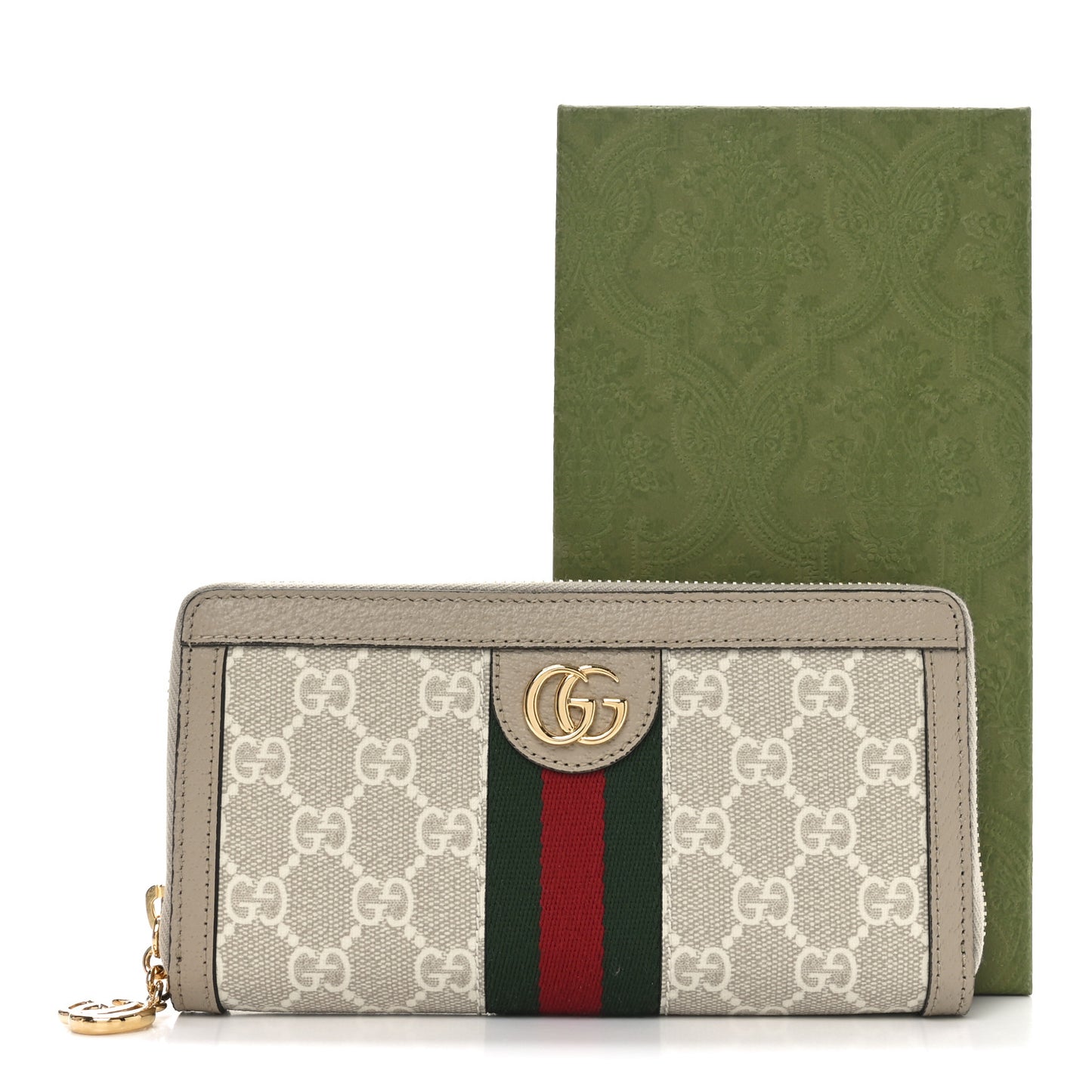 GG Supreme Monogram Textured Dollar Calfskin Web Ophidia Zip Around Wallet Beige Mystic White Oatmeal