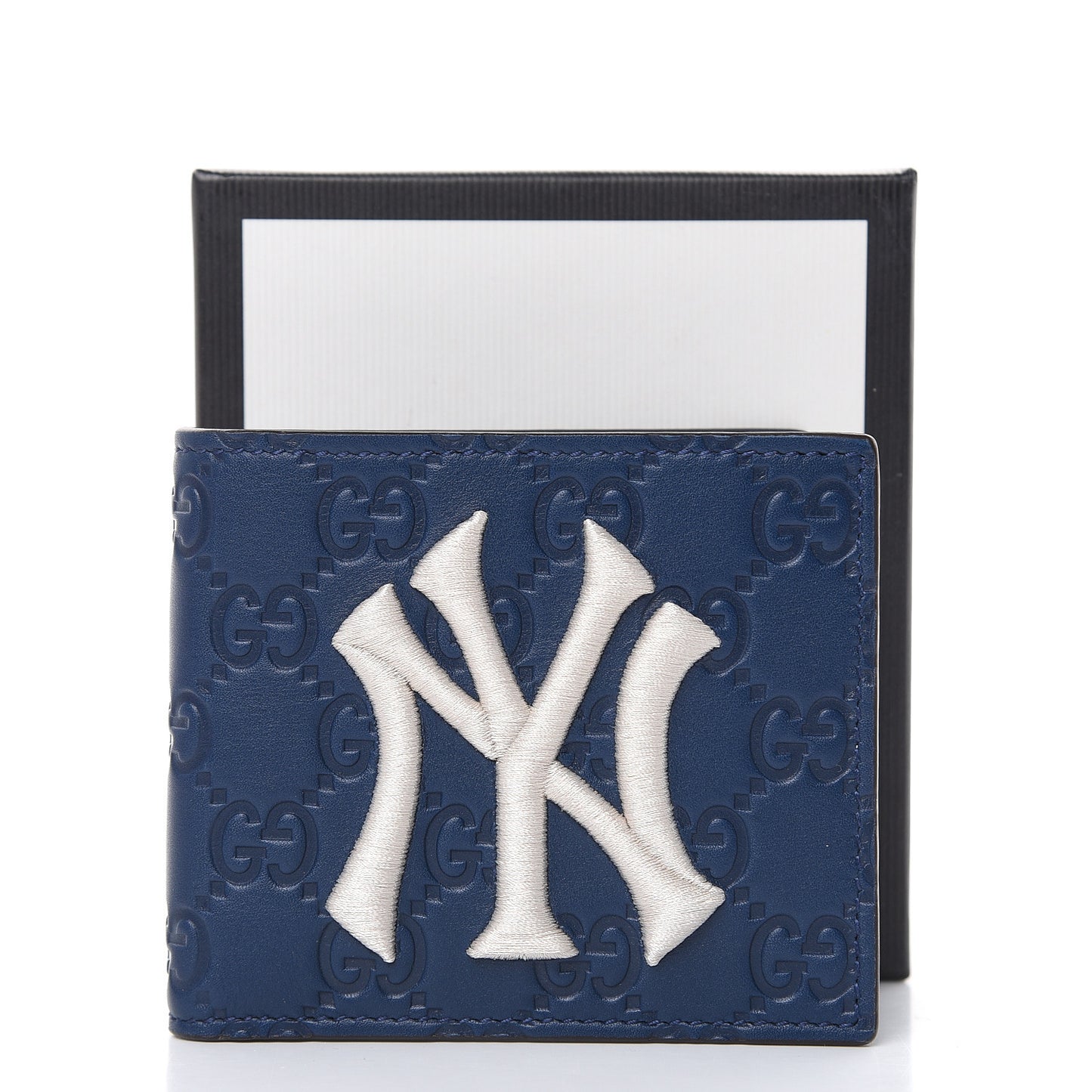 X MLB Guccissima Signature NY Yankees Embroidered Bi-Fold Wallet Royale Ivory