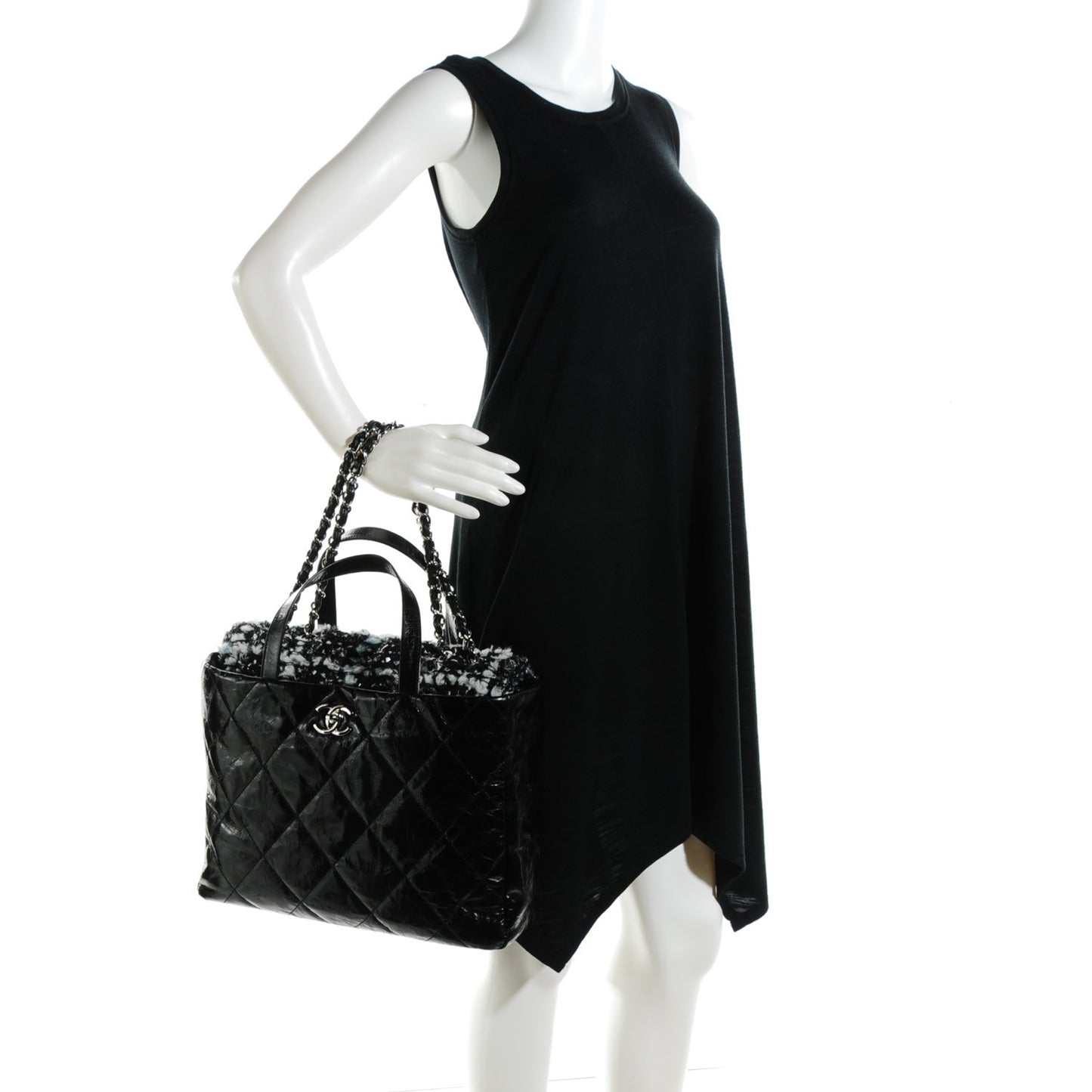Glazed Calfskin Quilted Tweed Portobello Tote Black Blue