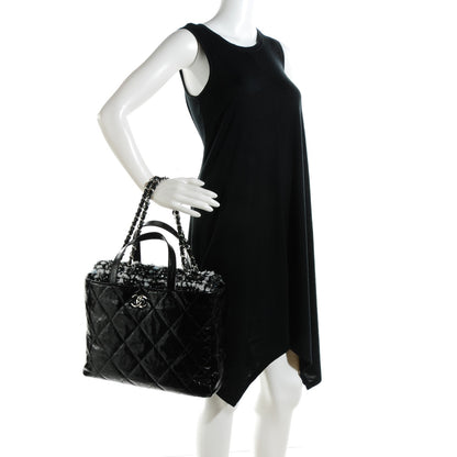 Chanel Glazed Calfskin Quilted Tweed Portobello Tote Black Blue 2 of 7