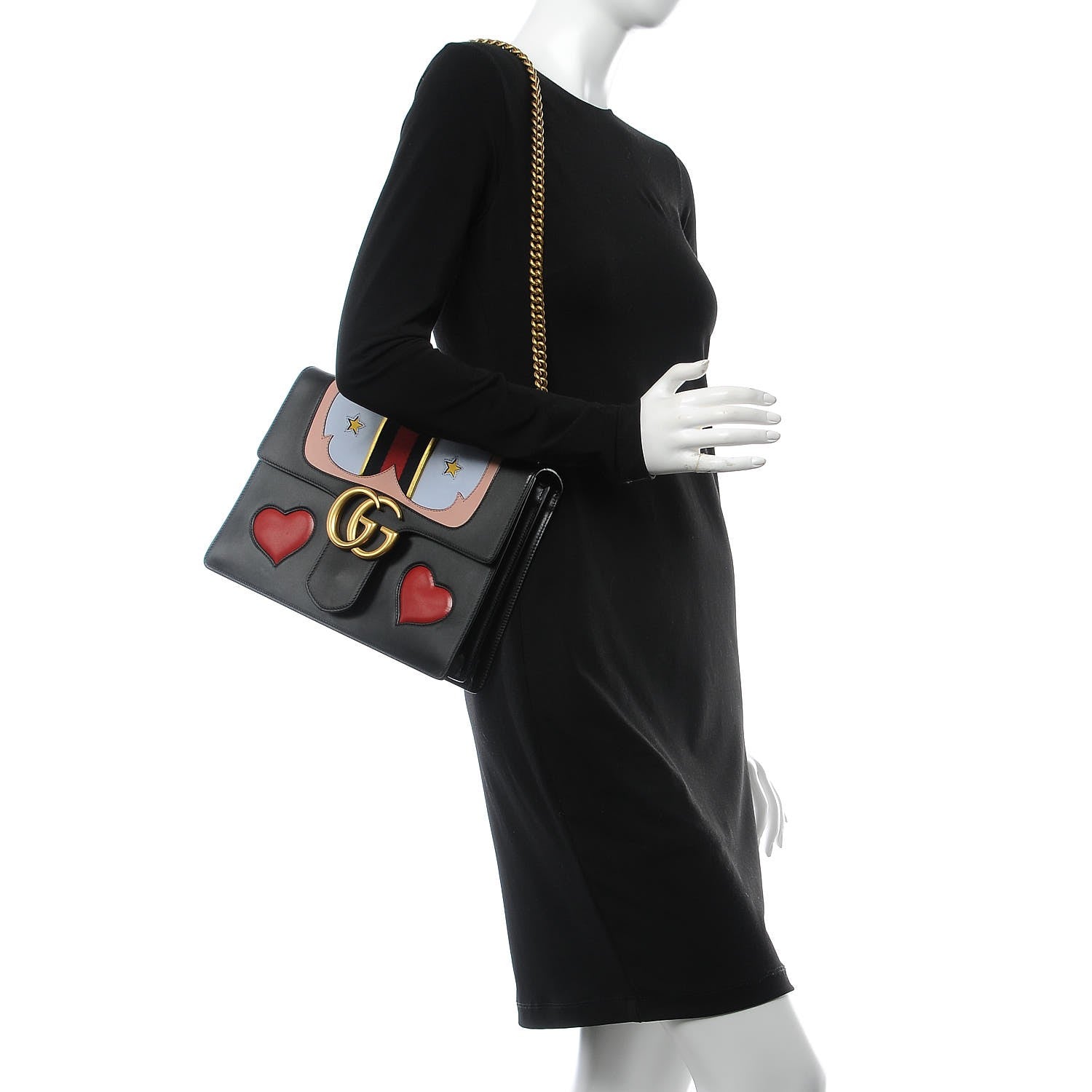 Gucci Calfskin Web Heart Medium GG Marmont Chain Handle Bag Black 2 of 10