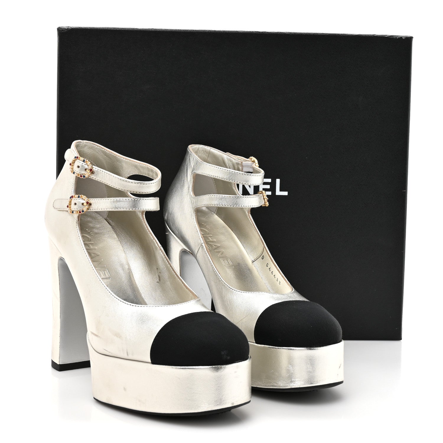 Chanel Laminated Lambskin Grosgrain Cap Toe CC Mary Jane Pumps 36 Silver Black 13 of 13
