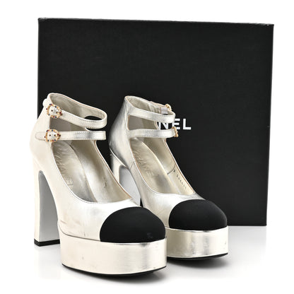 Chanel Laminated Lambskin Grosgrain Cap Toe CC Mary Jane Pumps 36 Silver Black 13 of 13