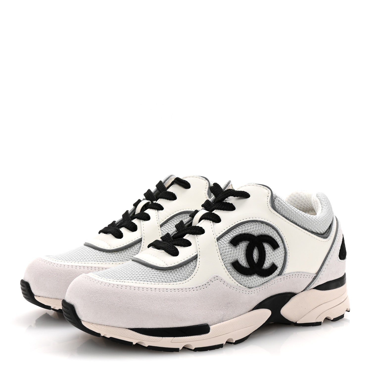 Chanel Calfskin Fabric Womens CC Sneakers 37 White Silver Light Grey 4 of 8