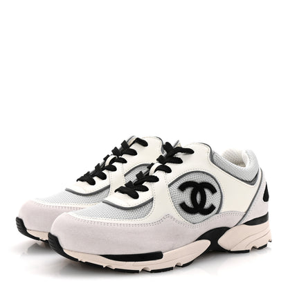 Chanel Calfskin Fabric Womens CC Sneakers 37 White Silver Light Grey 4 of 8
