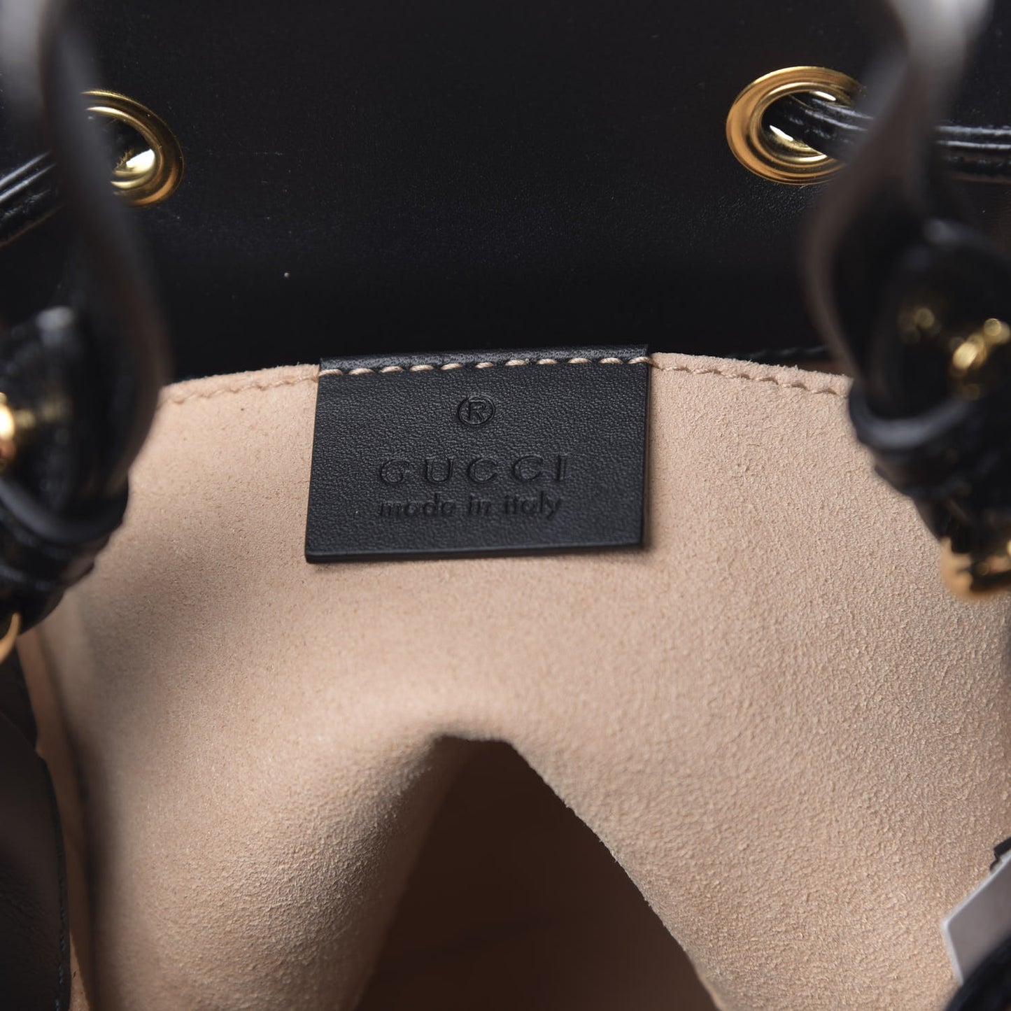 Suede Patent Web Small Ophidia Bucket Bag Hibiscus Red Black