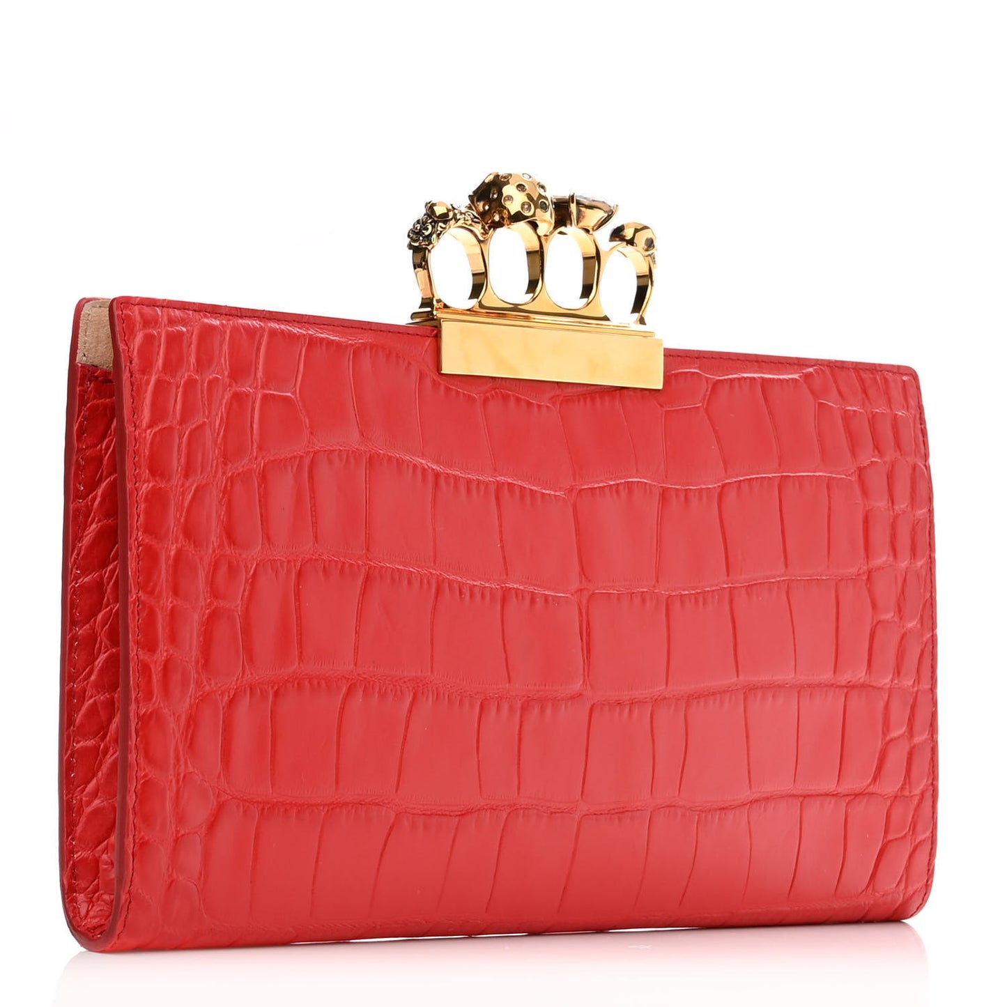 Calfskin Crocodile Embossed Knuckle Flat Clutch Red