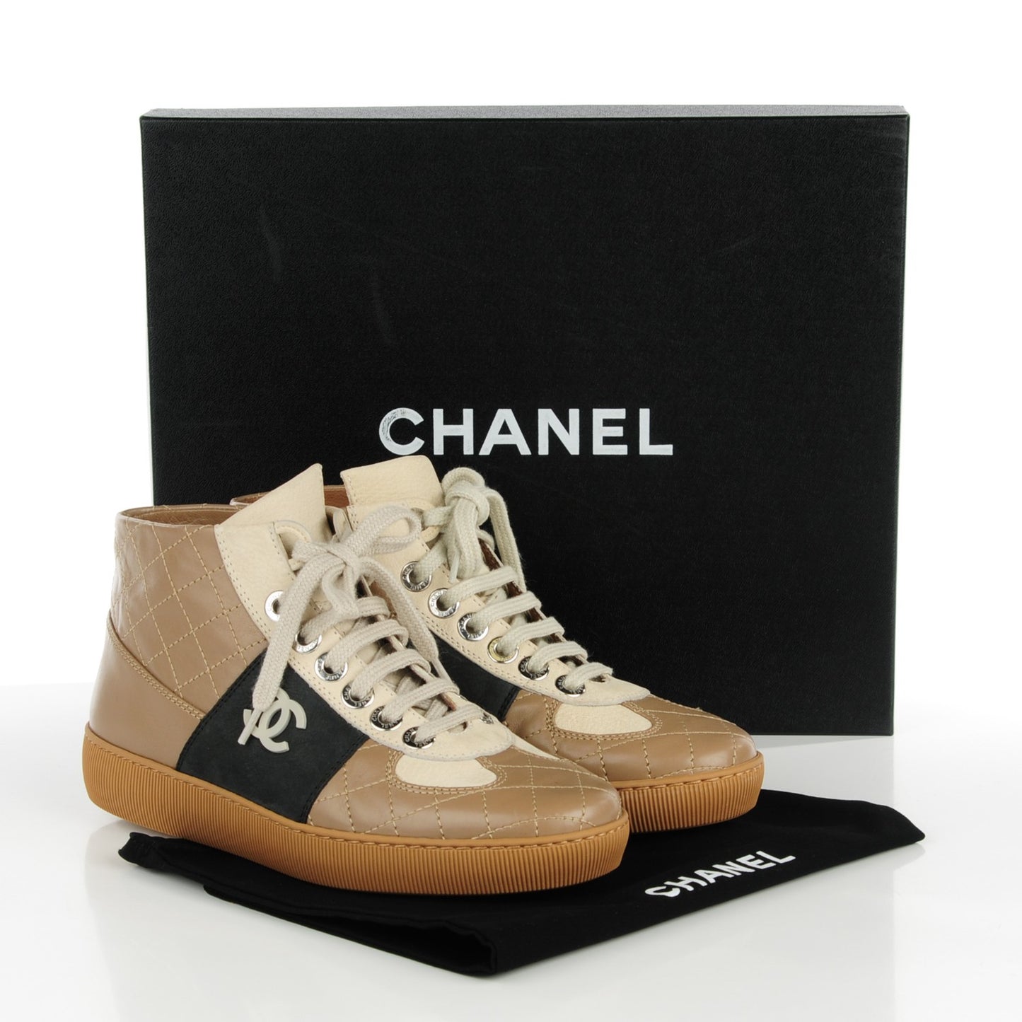 Calfskin Quilted Hightop Tennis Shoes 35.5 Light Brown