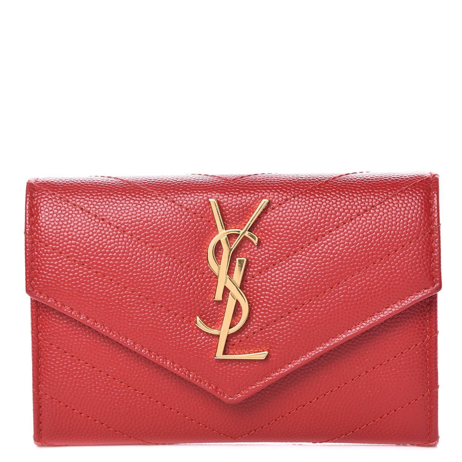 Saint Laurent Grain De Poudre Matelasse Chevron Small Monogram Envelope Wallet New Red 1 of 8
