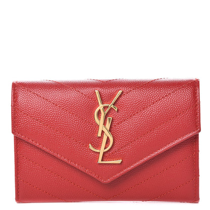 Saint Laurent Grain De Poudre Matelasse Chevron Small Monogram Envelope Wallet New Red 1 of 8