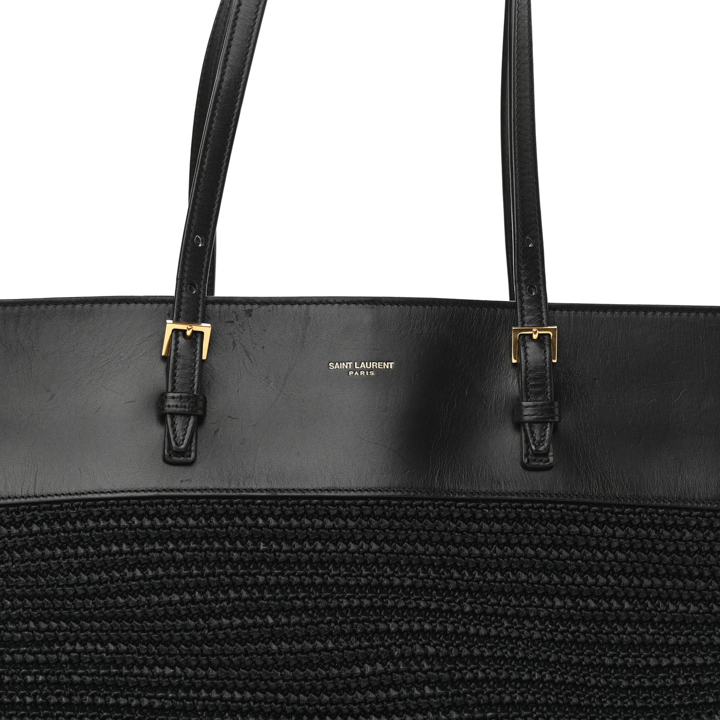 Calfskin Raffia Medium Shopper Tote Black