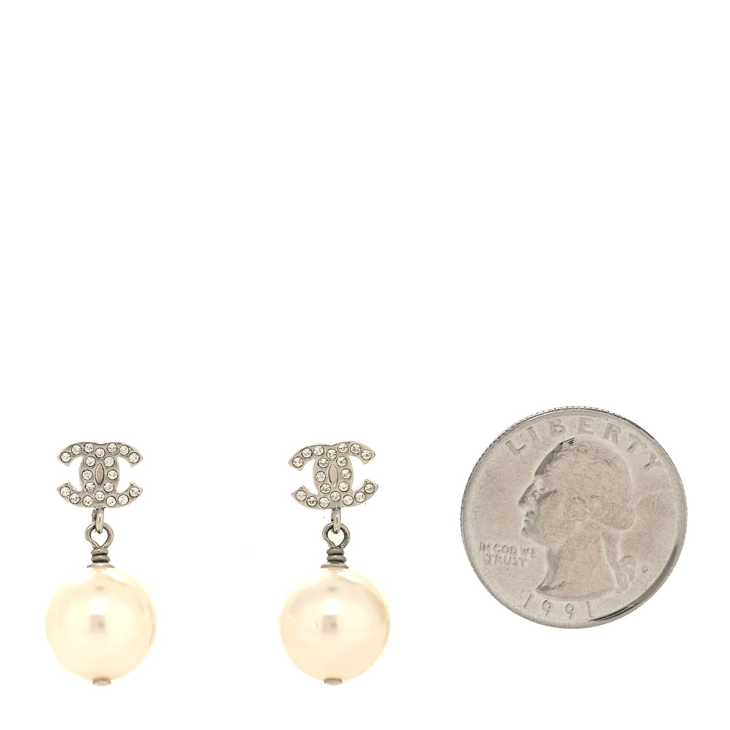 Crystal Pearl CC Drop Earrings Silver Pearly White