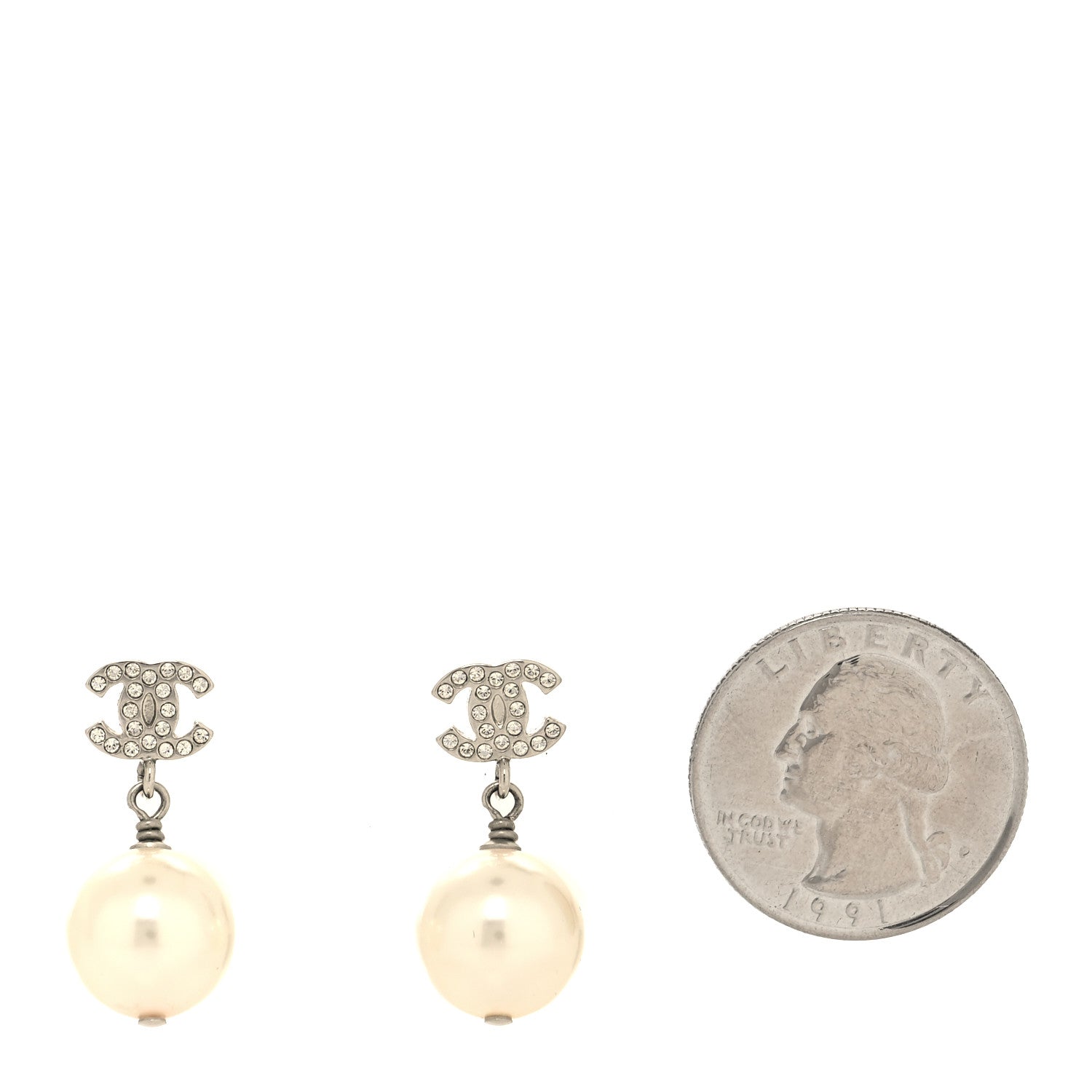 Chanel Crystal Pearl CC Drop Earrings Silver Pearly White 2 of 4