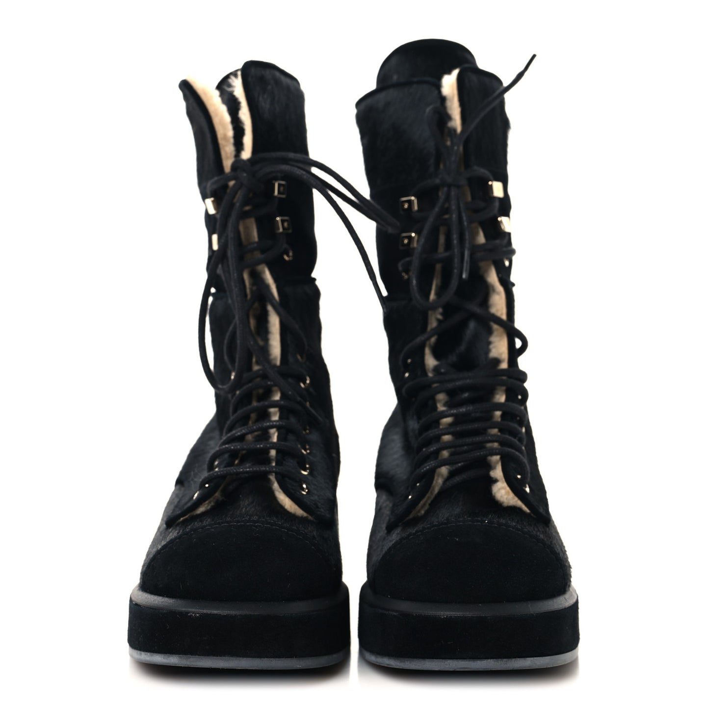 Suede Pony Hair Shearling Lace Up Combat Boots 39.5 Black White