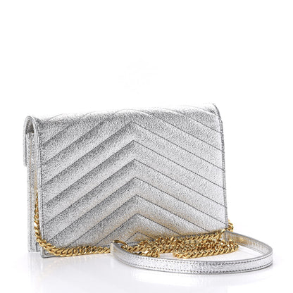 Saint Laurent Metallic Calfskin Matelasse Chevron Monogram Envelope Chain Wallet 3 of 9