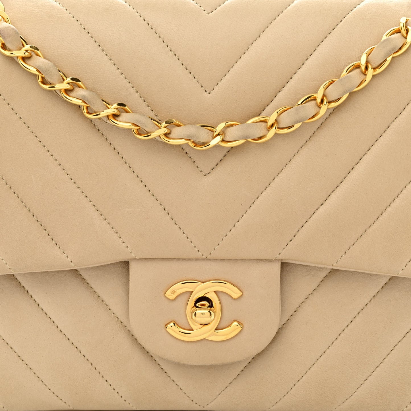 Lambskin Chevron Quilted Medium Double Flap Beige