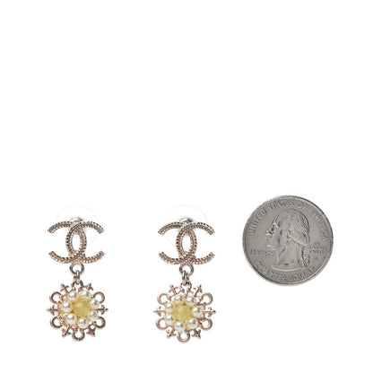 Chanel Resin Crystal CC Camellia Drop Earrings Gold Beige 2 of 4
