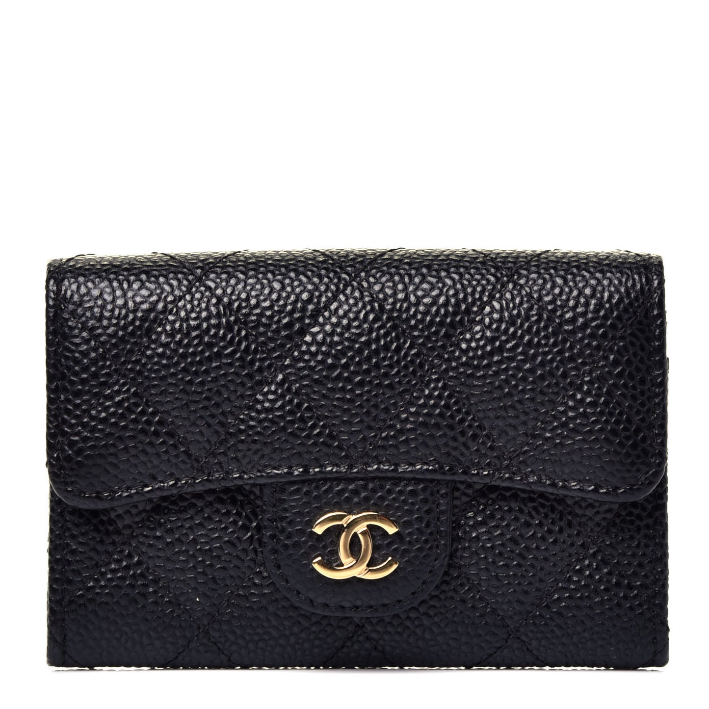 Caviar Quilted Flap Card Holder Wallet Black