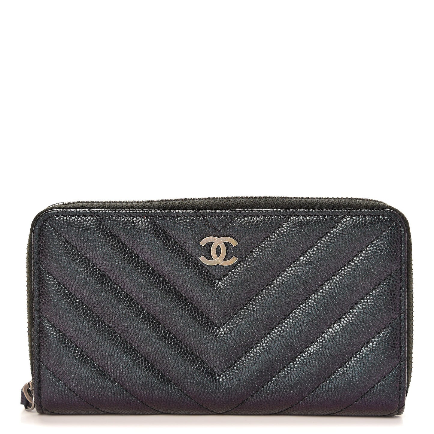 Iridescent Caviar Chevron Quilted Small Zip Around Wallet Black